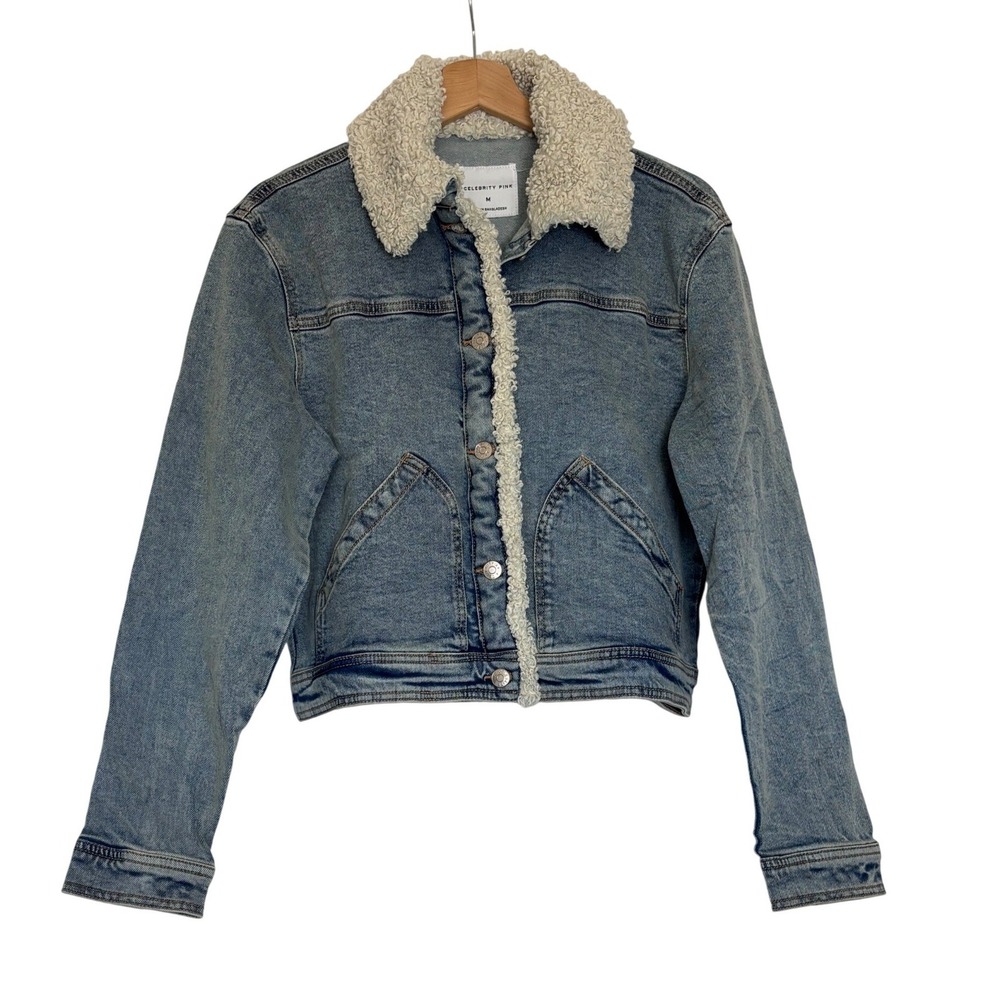Celebrity Pink Womens Sherpa Trim Denim Jacket Medium Wash CJ50786MF02W Size M